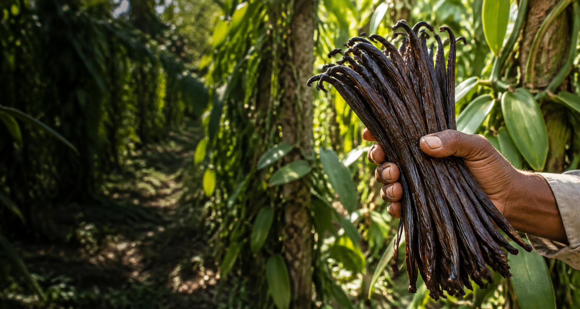 Cured vanilla pods held by a grower in a lush vanilla plantation